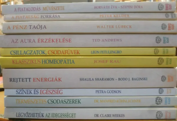 Ne maradj le 10 db édesvíz könyv: A fiatalodás művészete; A fiatalság forrása; A pénz taója; Az aura érzékelése; Csillagzatok, csodafüvek; Klasszikus homeopátia; Legyőzhetjük az idegességet; Rejtett energiák; Színek és egészség; Természete