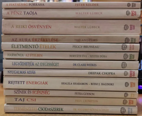 Kiárusítás 12 db Édesvíz kötet: A fiatalság forrása; A pénz taója; A Reiki ösvényén; Az aura érzékelése; Életmentő ételek; Harmónia az ételben; Legyőzhetjük az idegességet; Nyugalmas alvás; Rejtett energiák; Színek és egészség; Taj Cs