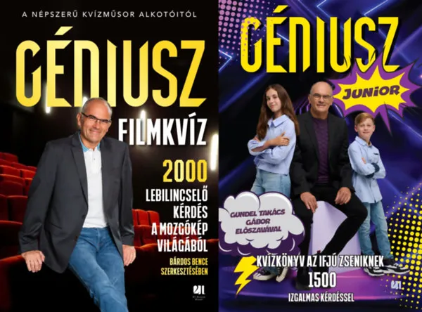 Olcsó 2 db Géniusz kvízkönyv: Géniusz filmkvíz - 2000 lebilincselő kérdés a mozgókép világából + Géniusz Junior Kvízkönyv - Kvízkönyv az ifjú zseniknek 1500 izgalmas kérdéssel